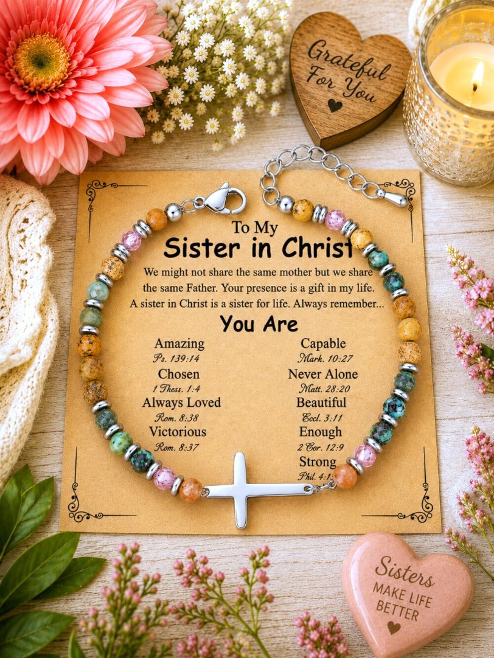 Sister in Christ Beaded Cross Bracelet, Christian Scripture Gift, Faith Jewelry